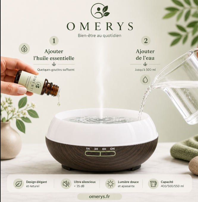Diffuseur d'huiles essentielles ultra silencieux design bois foncé avec brume apaisante pour relaxation et sommeil