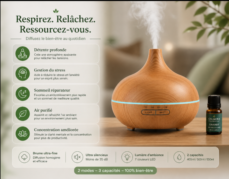 Diffuseur Omerys — détente, gestion du stress, sommeil réparateur, air purifié, concentration — 3 capacités 400/500/550 ml