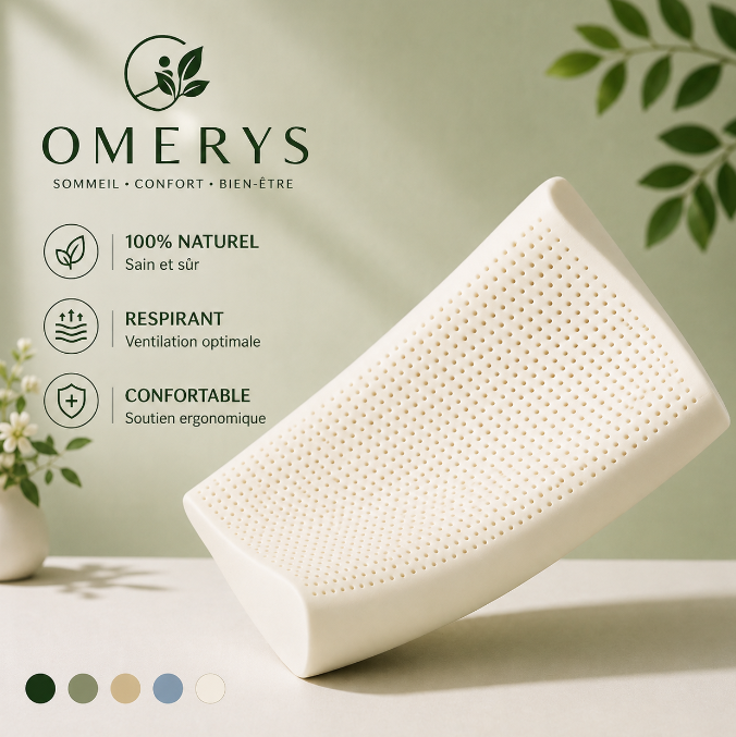 Oreiller latex 100% naturel — soutien cervical, sommeil réparateur, hauteur modérée | Le Nuage Cervical Omerys


