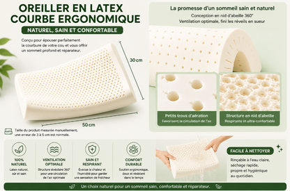 Oreiller latex courbe ergonomique 50x30cm — structure nid d'abeille, ventilation optimale, sain et naturel | Omerys