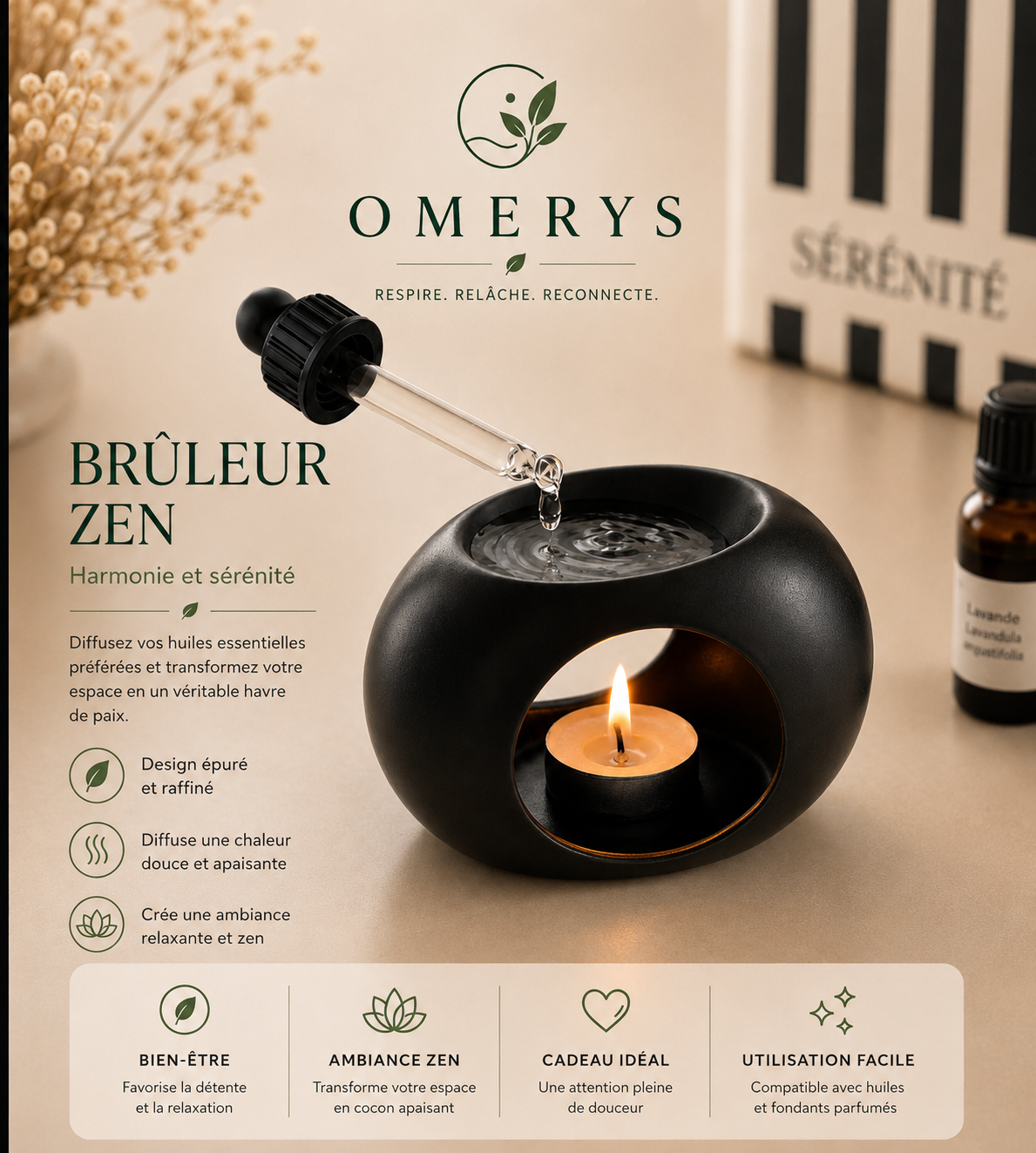 Brûleur zen céramique noir mat pour huiles essentielles et fondants parfumés - ambiance relaxante et bien-être