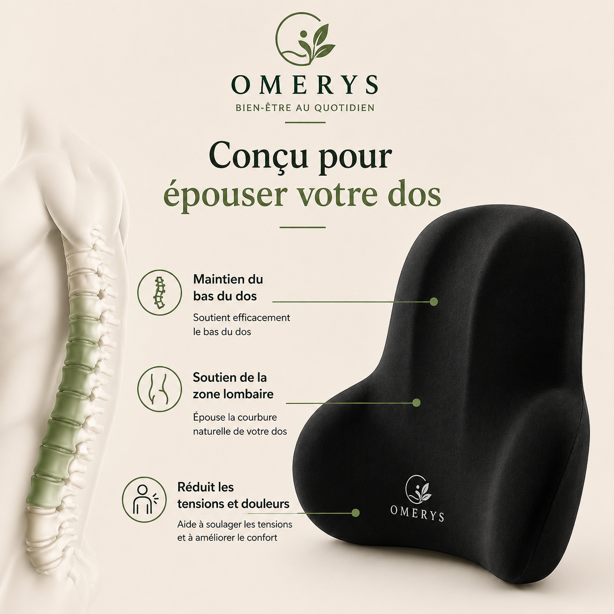 Coussin lombaire Omerys conçu pour épouser le dos - soutien lombaire, maintien bas du dos et réduction des tensions