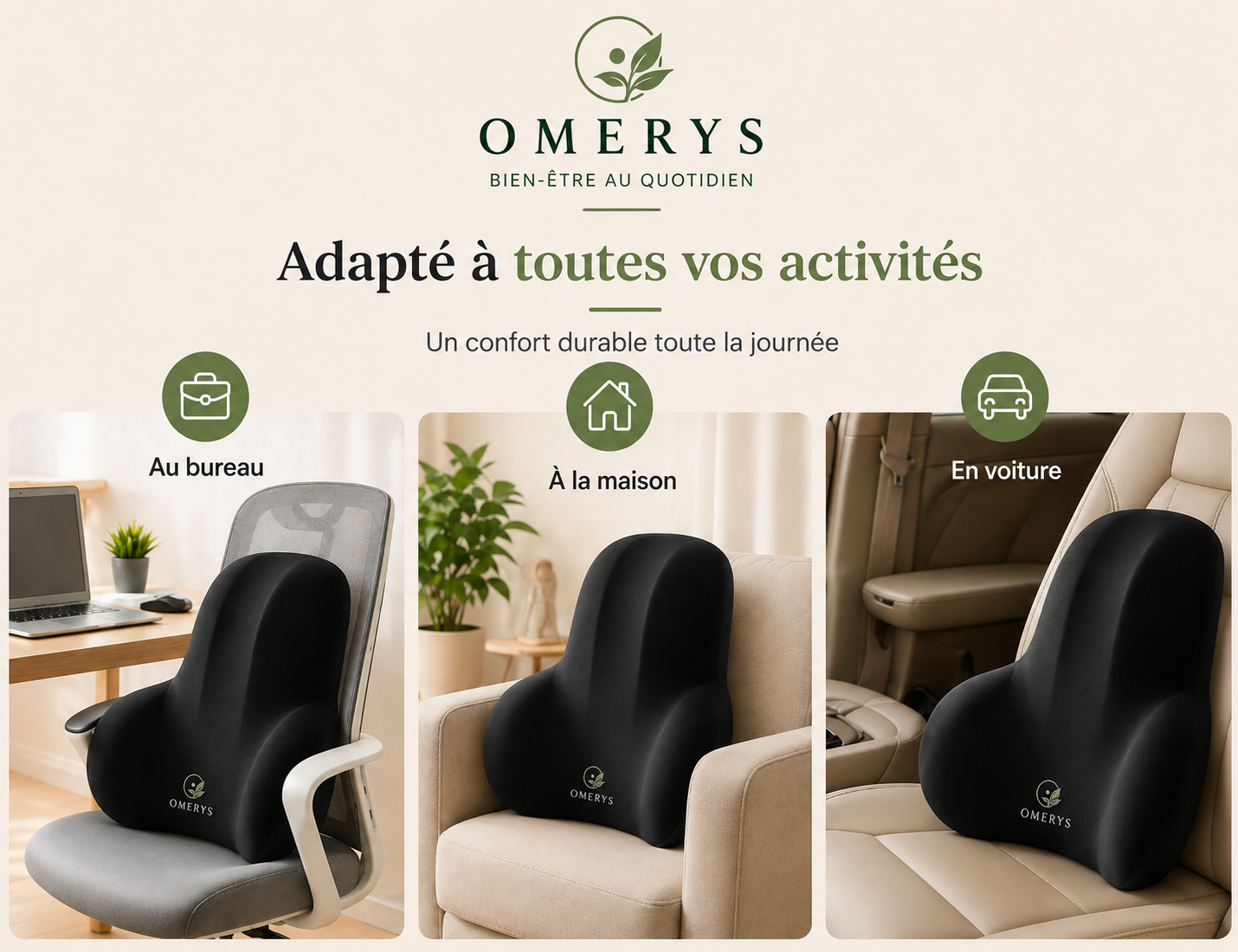 Coussin lombaire Omerys adapté au bureau, à la maison et en voiture pour un confort durable toute la journée