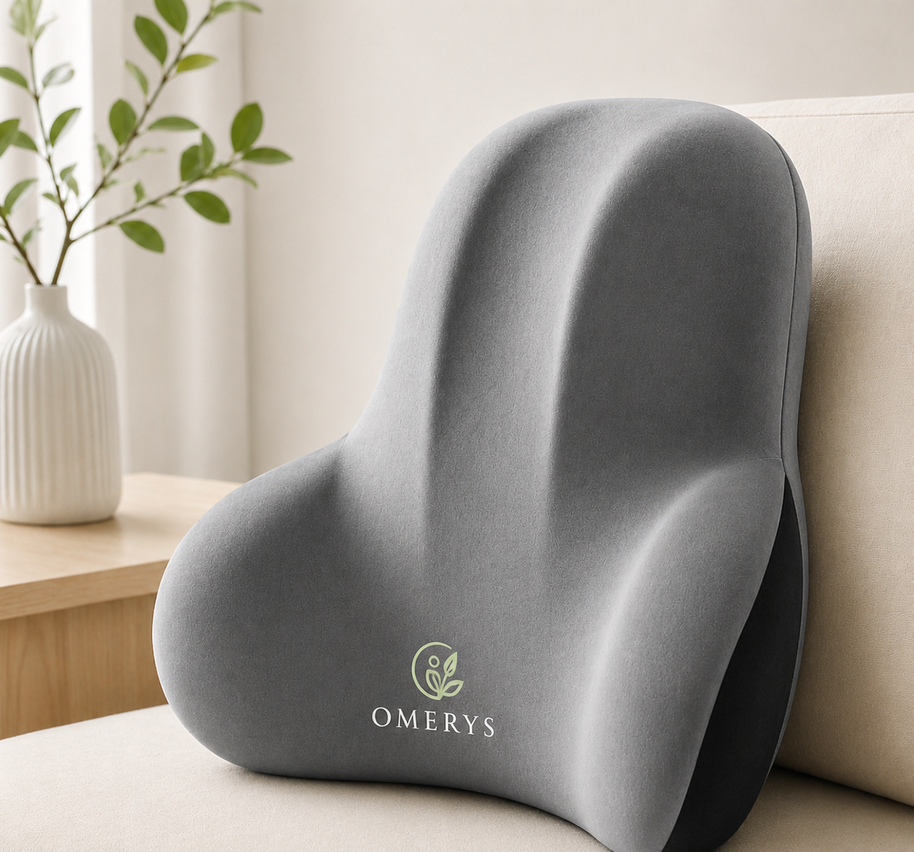 Coussin lombaire ergonomique gris Omerys en mousse à mémoire de forme pour soulager les douleurs dorsales