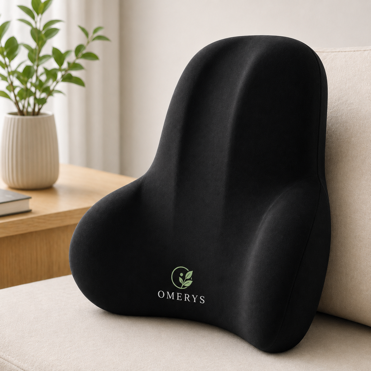 Coussin lombaire ergonomique noir Omerys en mousse à mémoire de forme pour soutien du dos et confort optimal