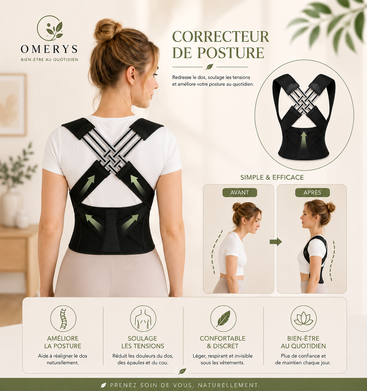 Correcteur de posture Omerys résultat avant après - réalignement naturel du dos, des épaules et du cou