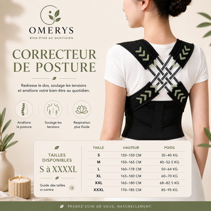 Guide des tailles correcteur de posture Omerys S à XXXL - tableau hauteur et poids pour choisir la bonne taille