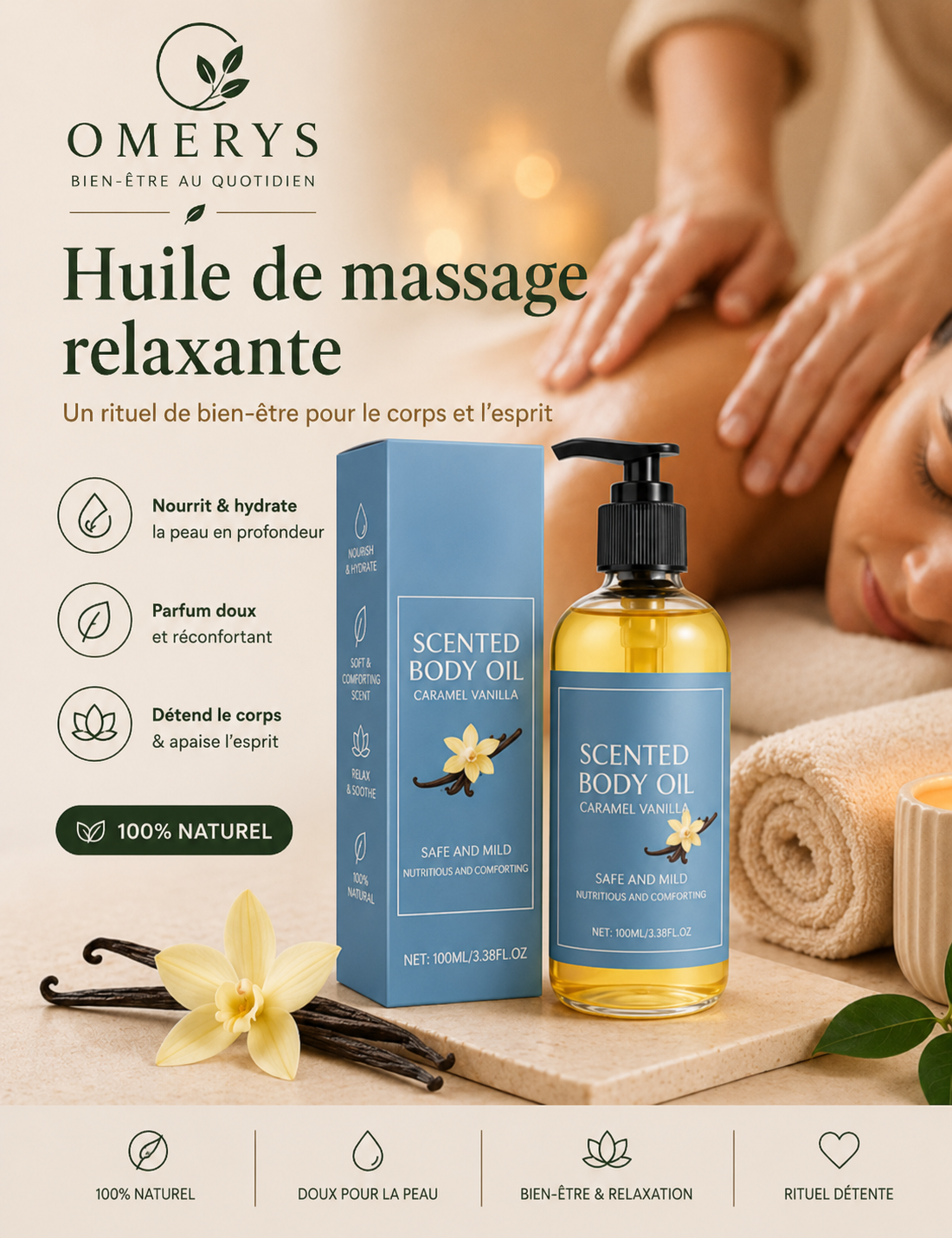 Huile de massage relaxante Omerys caramel vanille 100ml - nourrit, hydrate et détend le corps pour un rituel bien-être naturel