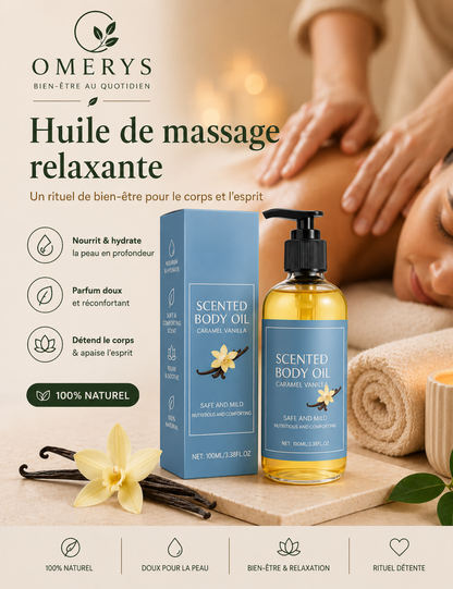 Huile de massage relaxante Omerys caramel vanille 100ml - nourrit, hydrate et détend le corps pour un rituel bien-être naturel