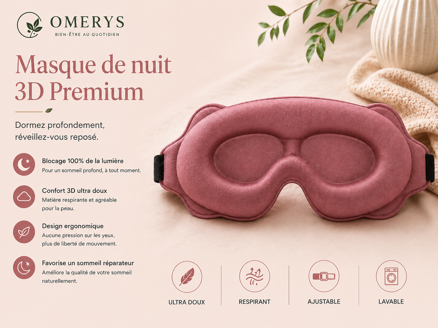 Masque de nuit 3D Premium Omerys rose - blocage 100% lumière, confort ultra doux, design ergonomique, respirant et lavable à la main