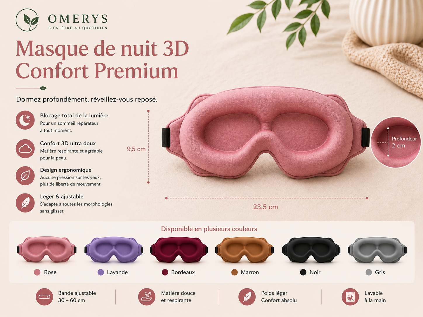 Masque de nuit 3D Confort Premium Omerys 23,5cm x 9,5cm - blocage total lumière, confort 3D ultra doux, bande ajustable 30-60cm