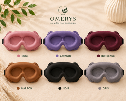 Masque de nuit 3D Omerys disponible en 6 couleurs - rose, lavande, bordeaux, marron, noir et gris pour un sommeil profond