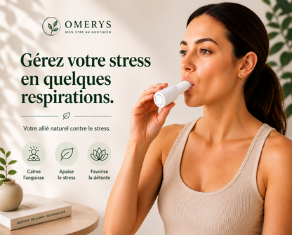 Entraîneur respiratoire Omerys anti-stress - femme utilisant l'appareil pour calmer l'angoisse, apaiser le stress et favoriser la détente