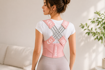 Femme portant le correcteur de posture Omerys rose — vue de dos