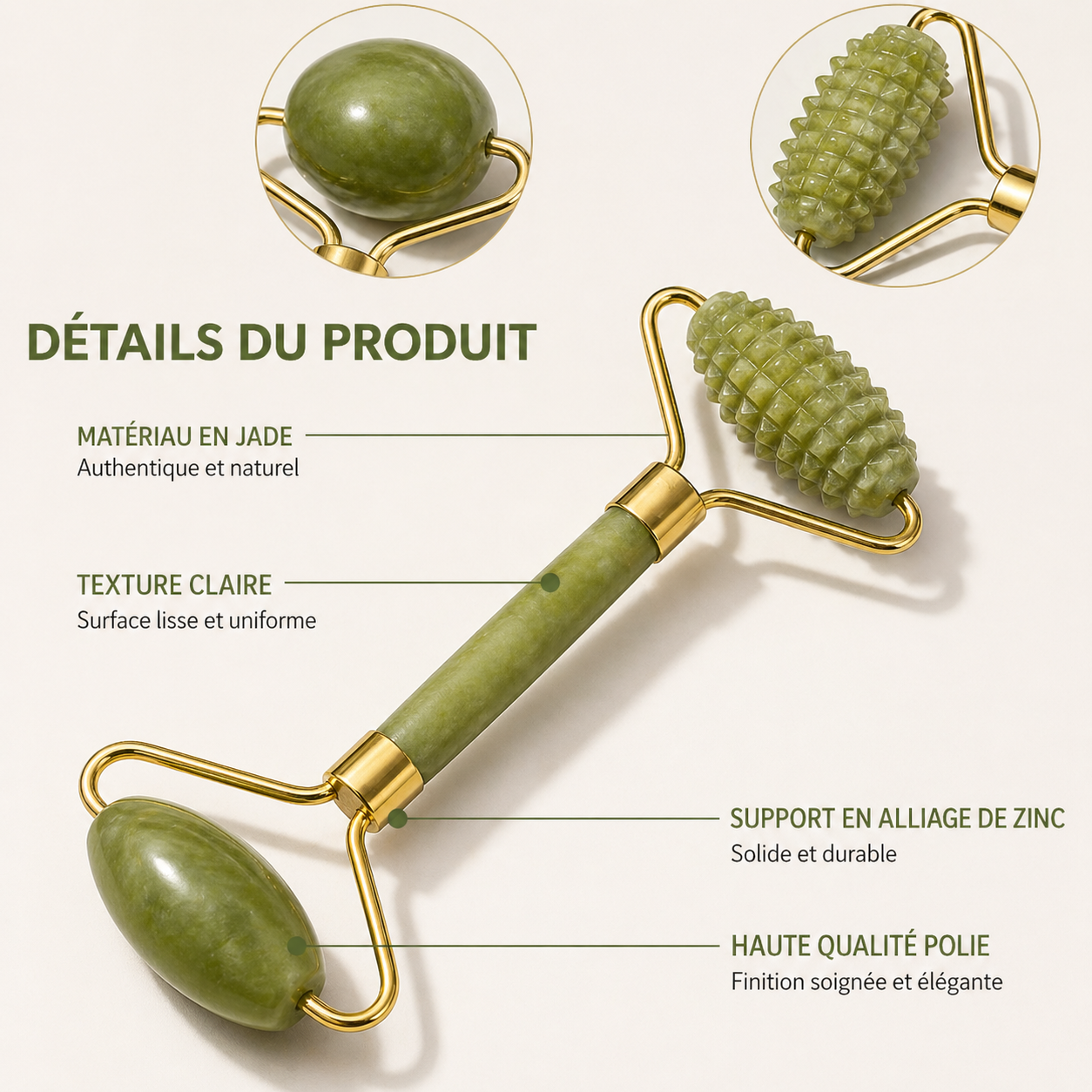 "Rouleau jade Omerys compatible huiles essentielles, sérum, crème contour yeux et masque visage