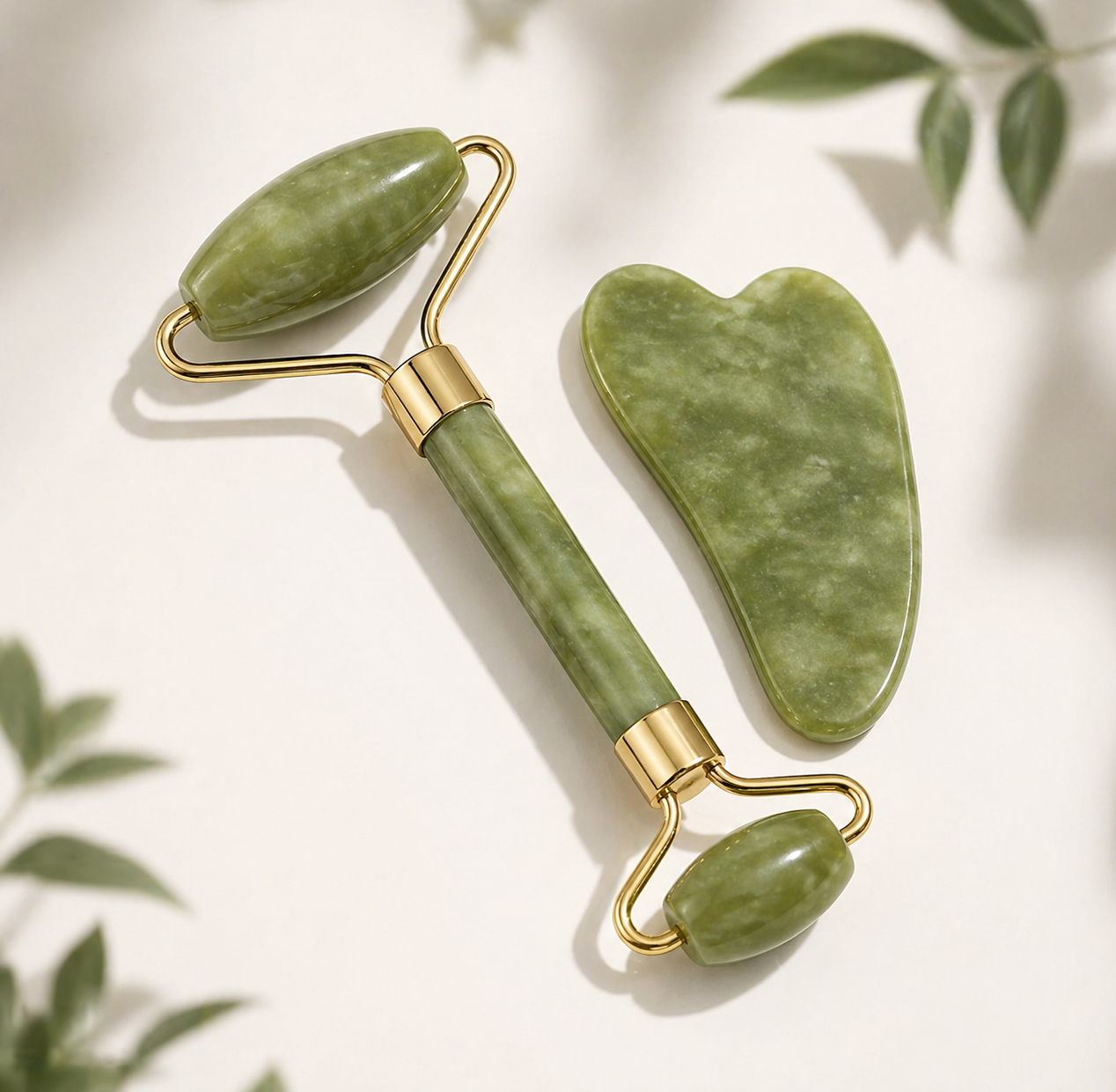 Infographie bienfaits rouleau jade Gua Sha Omerys — draine, réduit les poches, lisse et raffermit"