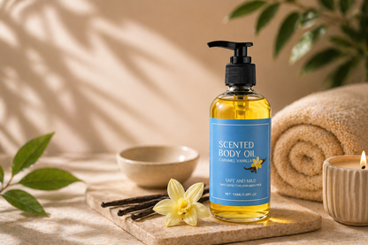Huile de massage vanille Omerys 100ml — duo de flacons pompe fond beige naturel