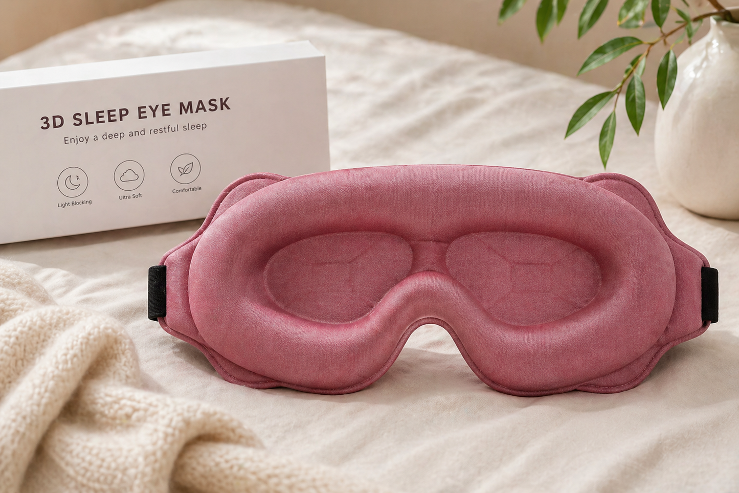 Masque de nuit 3D ergonimique Omerys rose — avec boîte packaging sommeil profond