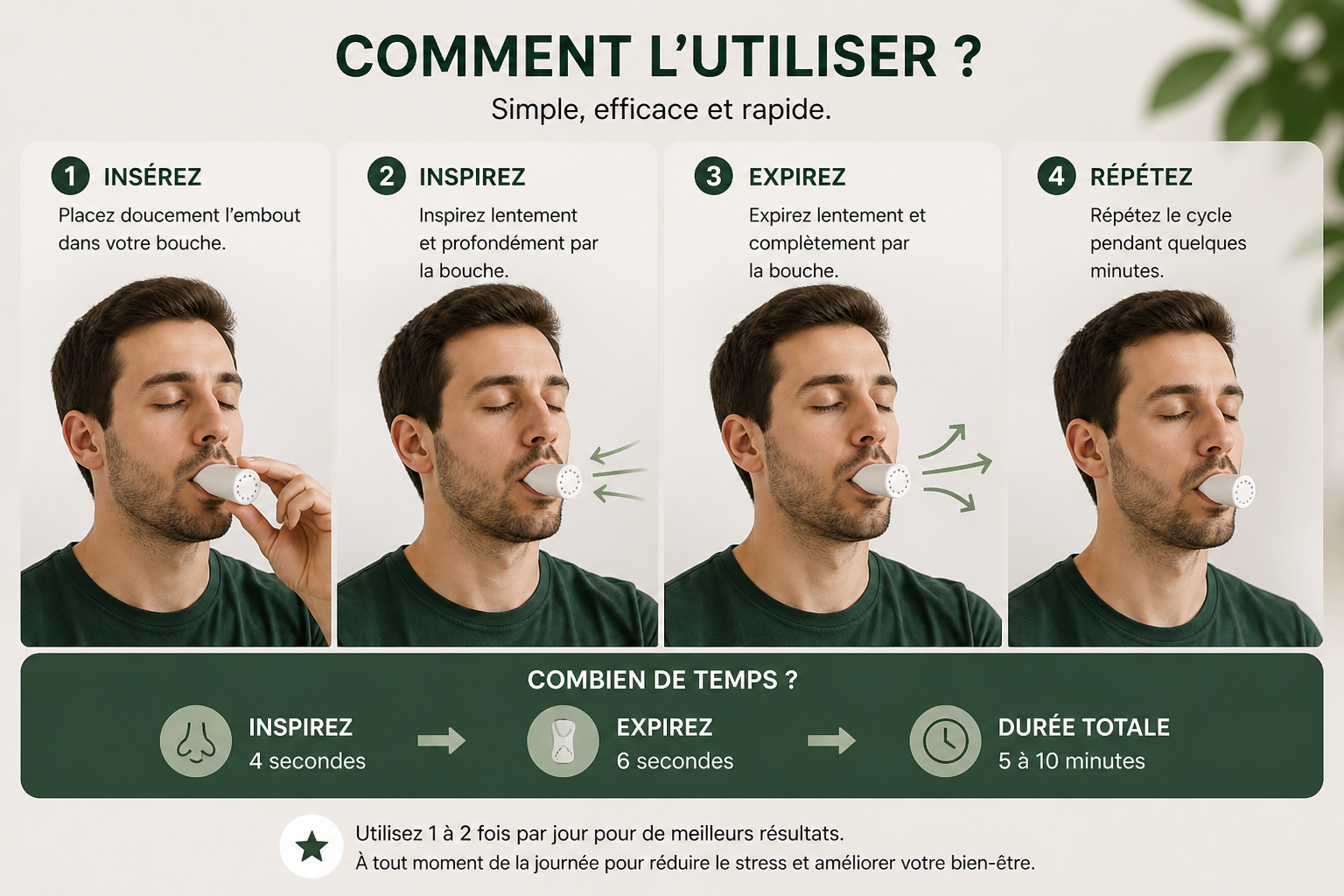 Comment utiliser Le Souffle Libre — insérez, inspirez 4s, expirez 6s, répétez 5 à 10 minutes par jour