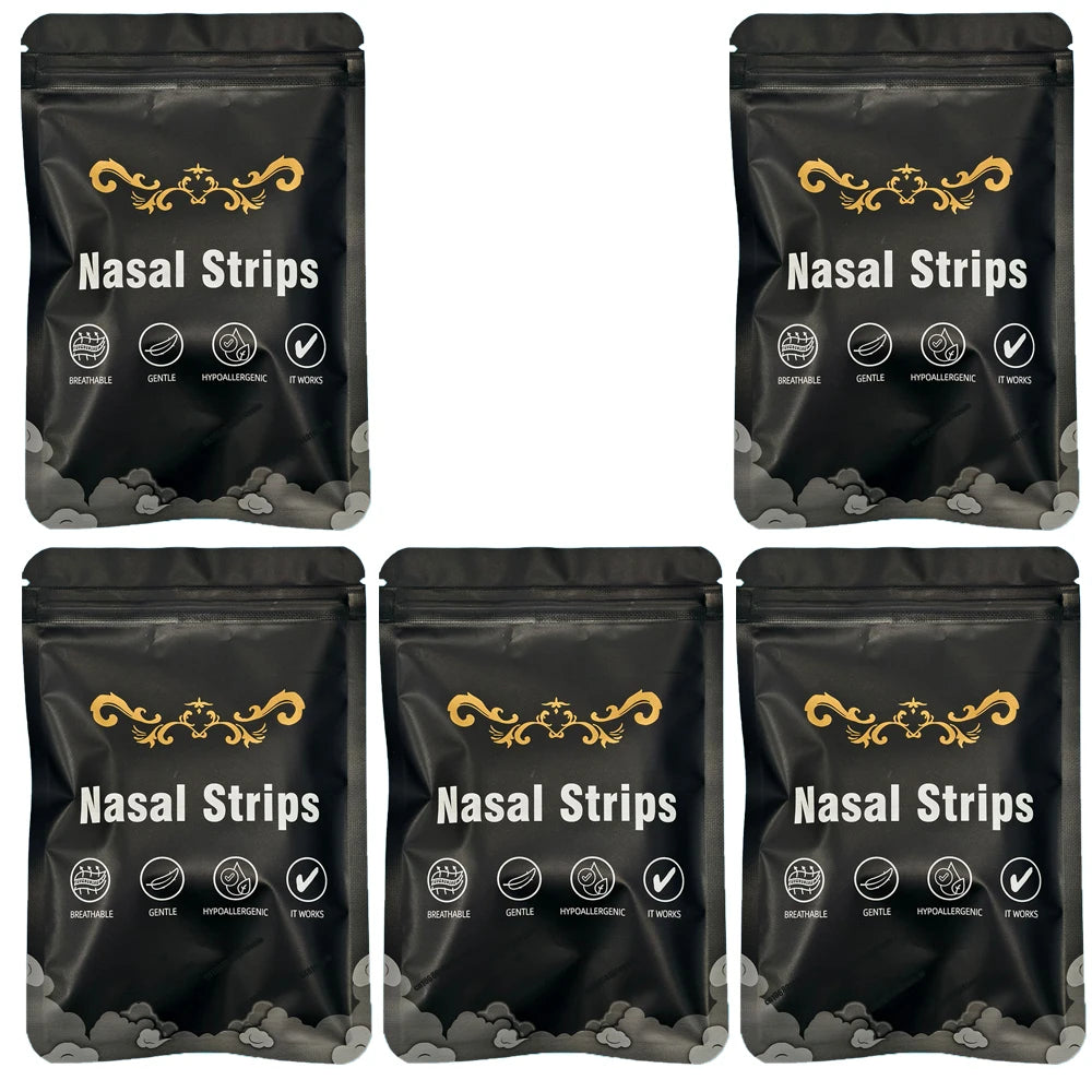 "Pack de 5 sachets de bandelettes nasales noires et dorées pour un sommeil profond et anti-ronflement"