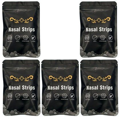 "Pack de 5 sachets de bandelettes nasales noires et dorées pour un sommeil profond et anti-ronflement"