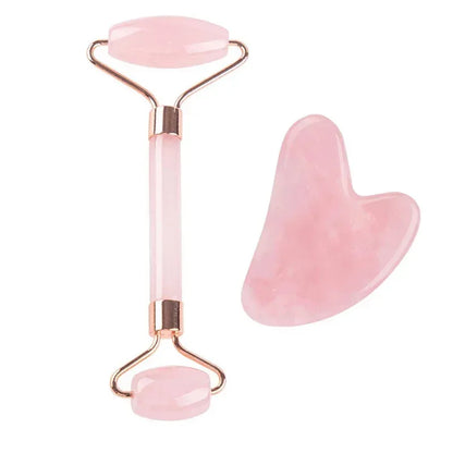 Rouleau jade Omerys — vue produit fond blanc, pierre naturelle rose et finition dorée"