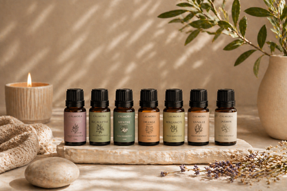 Huiles essentielles Calmora — Collection bien-être anti-stress, parfums naturels eucalyptus menthe orange bergamote vanille jasmin"