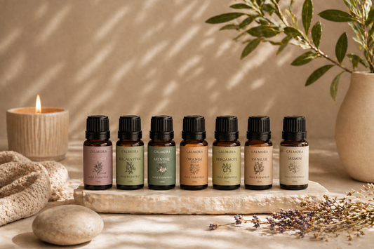 Huiles essentielles Calmora — Collection bien-être anti-stress, parfums naturels eucalyptus menthe orange bergamote vanille jasmin"